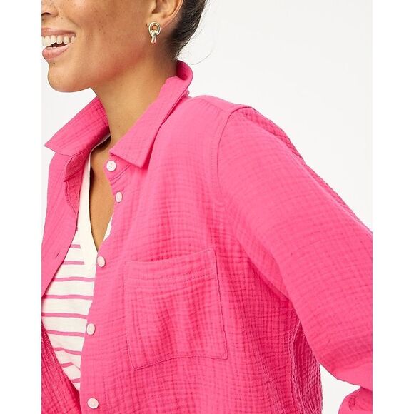 J Crew Double-gauze Button Down Shirt Pink Cotton Size Medium Swim Cover Up - Picture 3 of 12